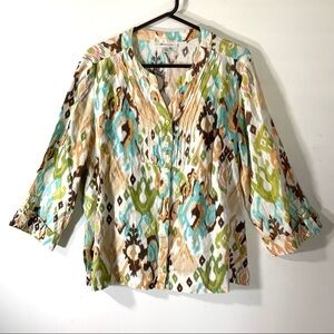 JM Collection Linen Ikat Print Button Front Top